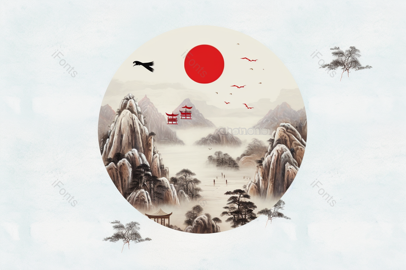 水墨风景国画山水小品飞鸟群山,高清,摄影图,摄影图片,图片大全,摄影图免费下载